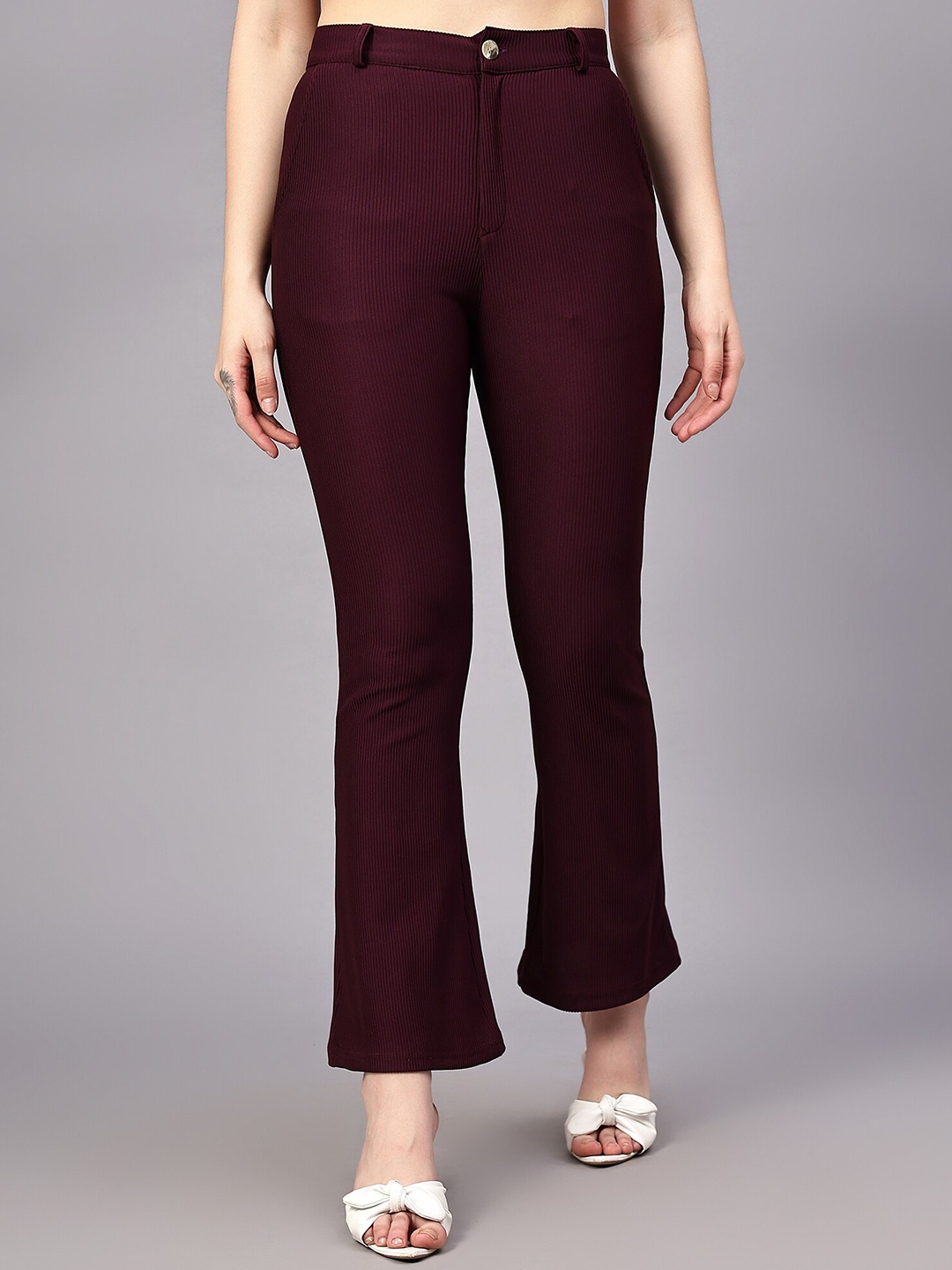 

DIAZ Women Mid Rise Bootcut Trousers, Maroon