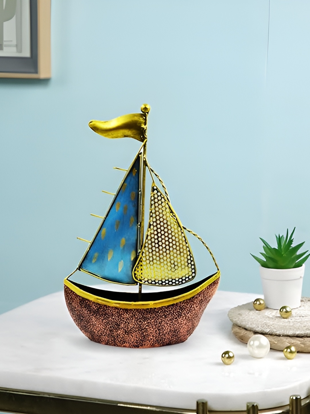 

Aura Gold Toned & Blue Metal Turkish Ship Showpiece Showpiece, Brown
