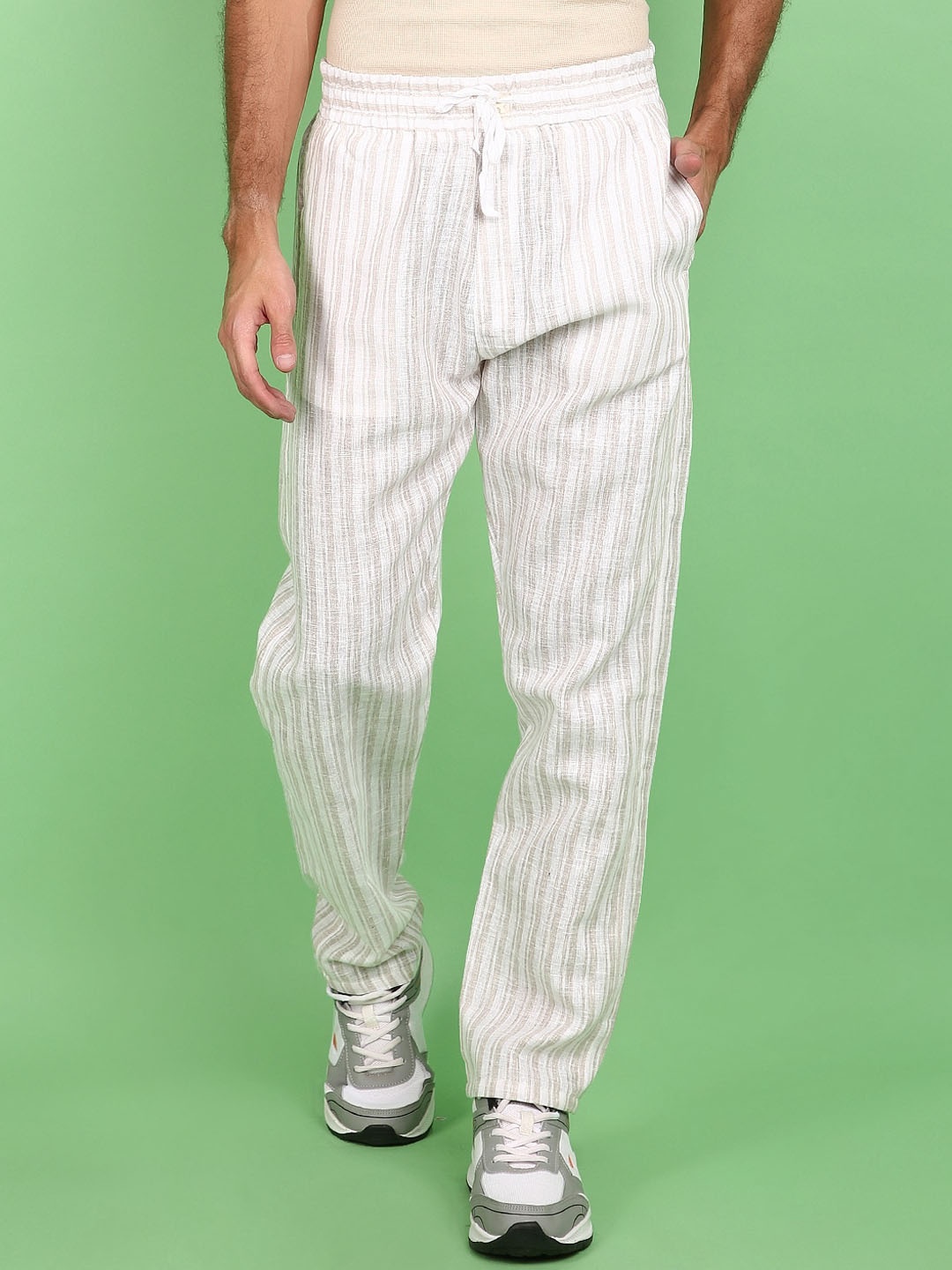 

V-Mart Men Striped Linen Track Pants, Khaki