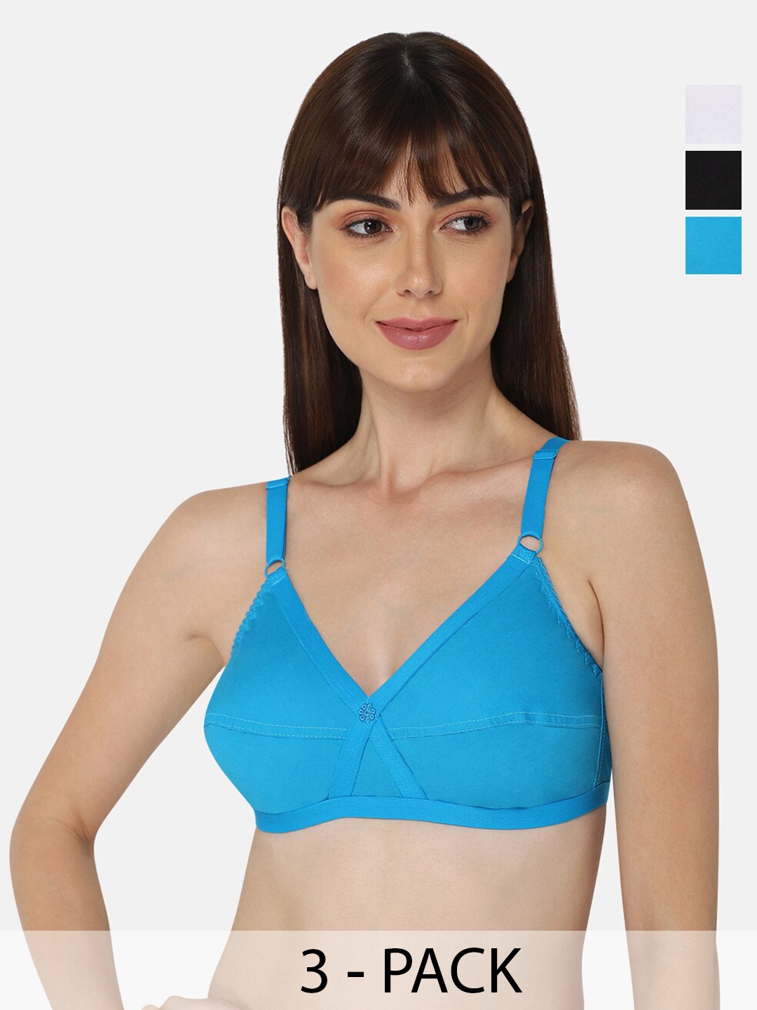 

NAIDU HALL Pack Of 3 Full Coverage Super Support Cotton Everyday Bras, Blue