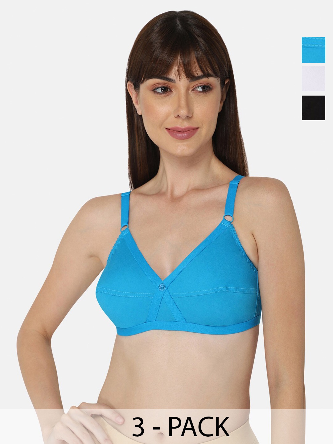 

NAIDU HALL Pack Of 3 Full Coverage Non Padded Cotton Everyday Bras With All Day Comfort, Blue