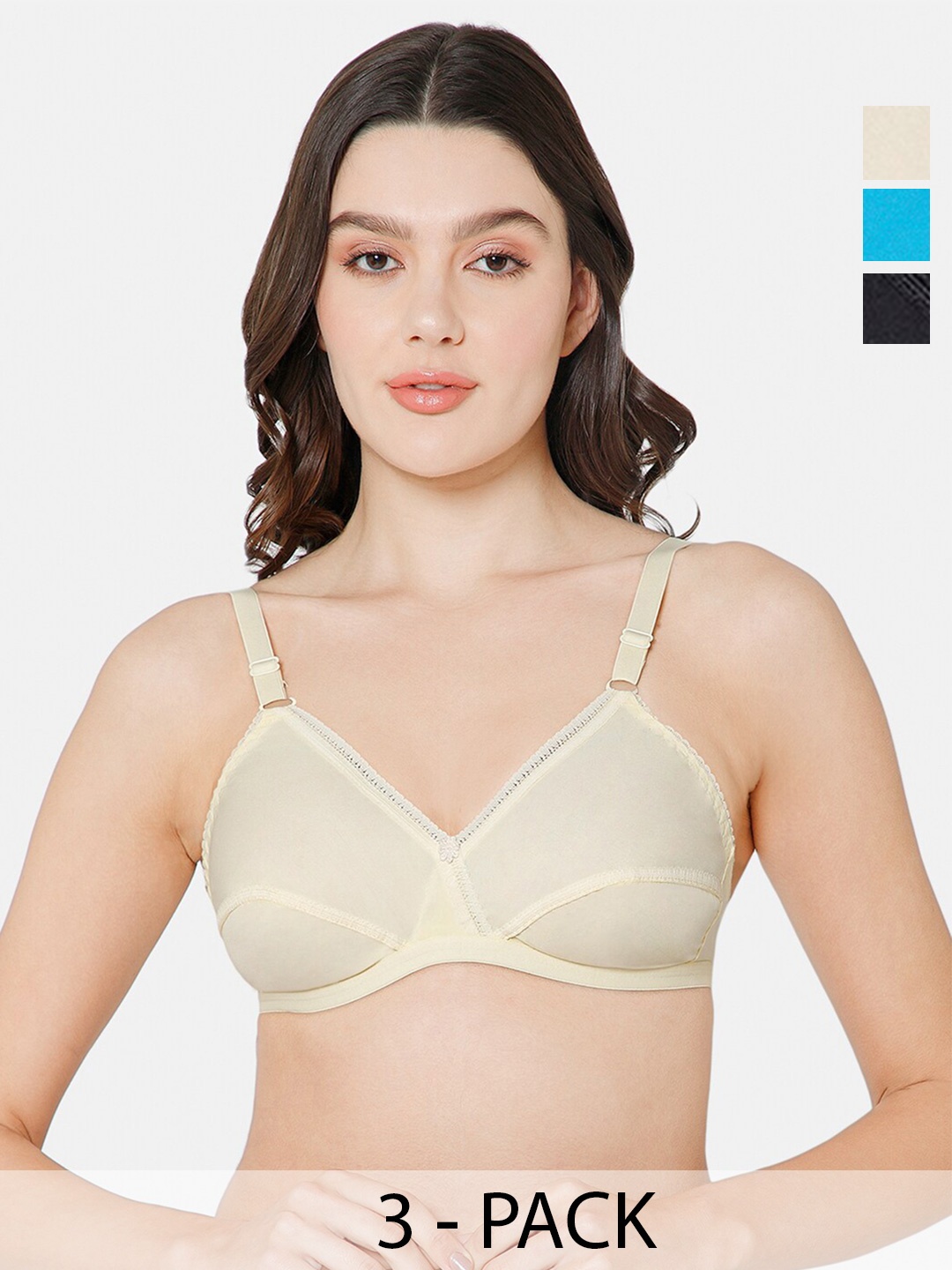 

NAIDU HALL Pack Of 3 Medium Coverage Non Padded Cotton Everyday Bra- All Day Comfort, Black