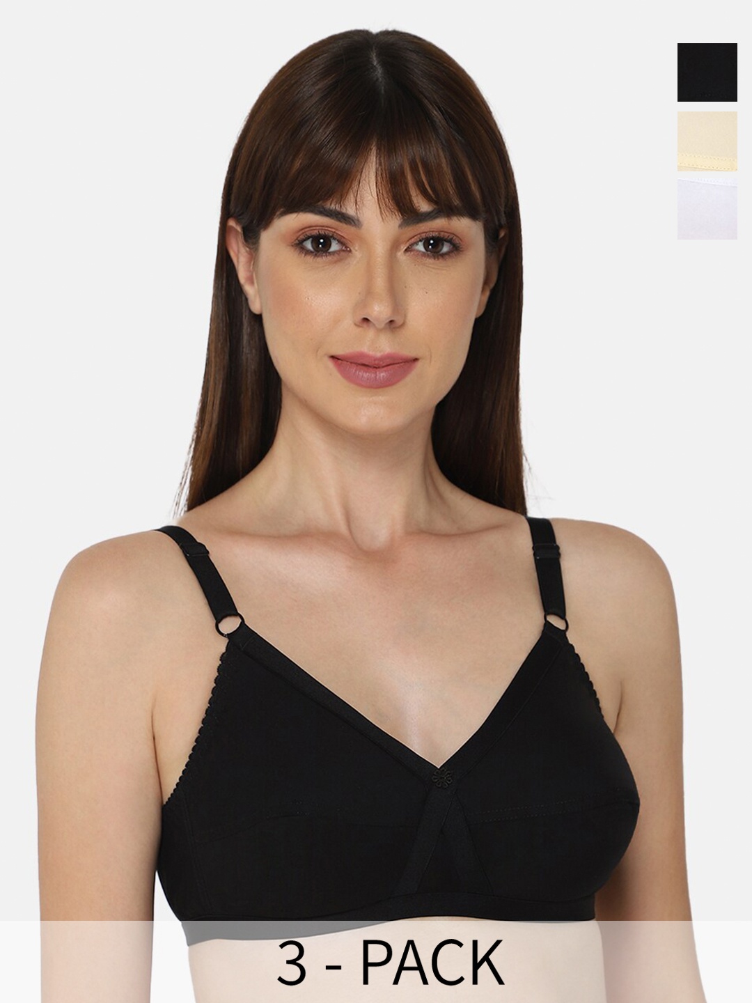 

NAIDU HALL Pack Of 3 Medium Coverage Super Support Cotton Everyday Bras, Black