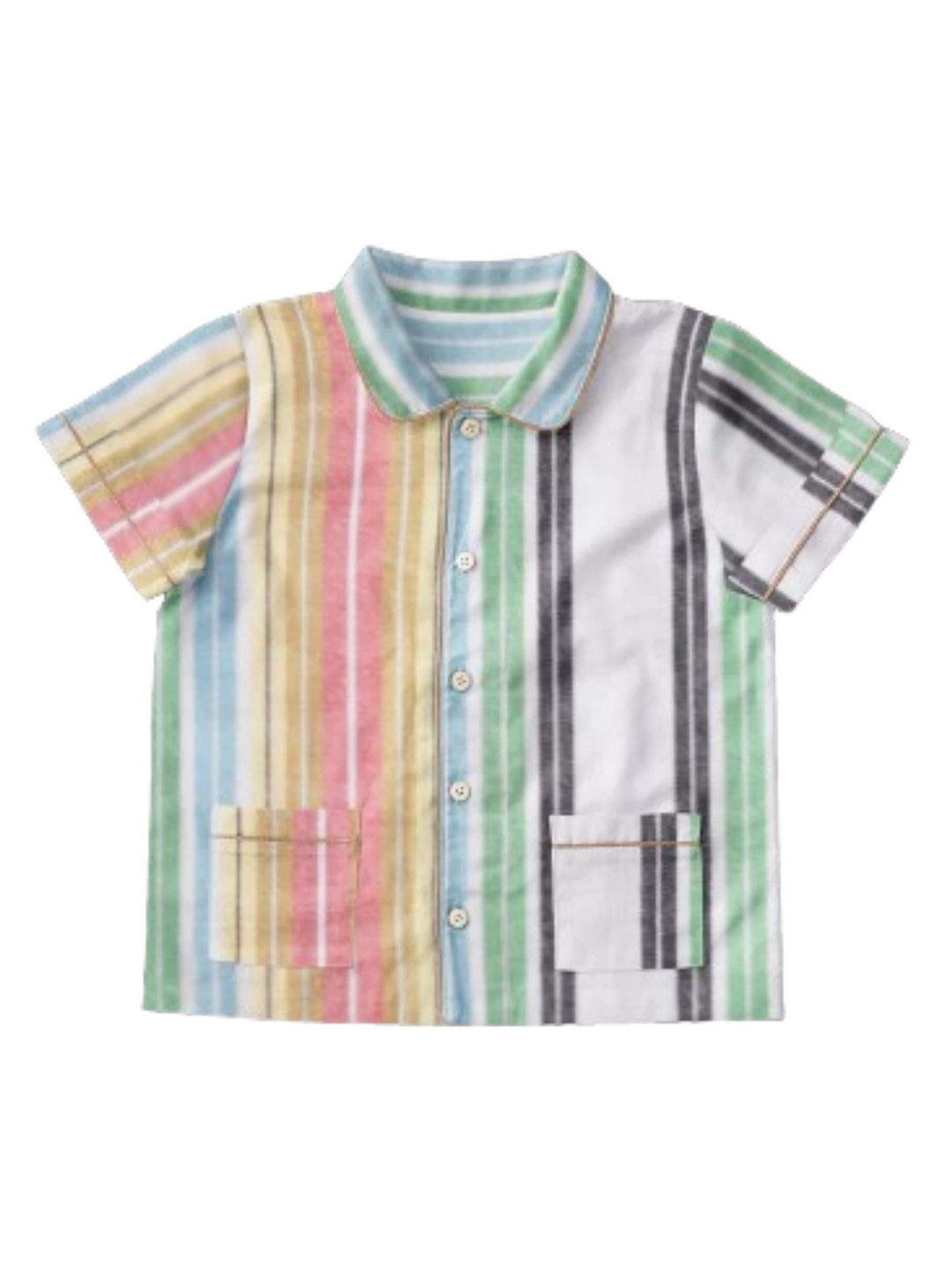 

THE BABY ATELIER Kids Striped Cotton Short Sleeved Collared Shirt With Shorts Night suit, Green