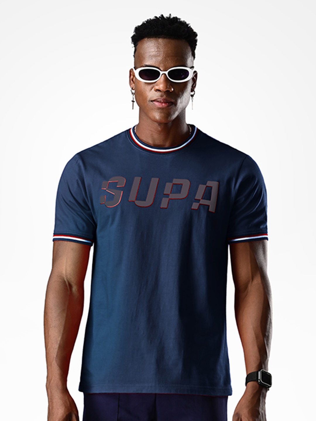 

Supa Typography Printed Round Neck Short Sleeves Pure Cotton T-shirt, Navy blue