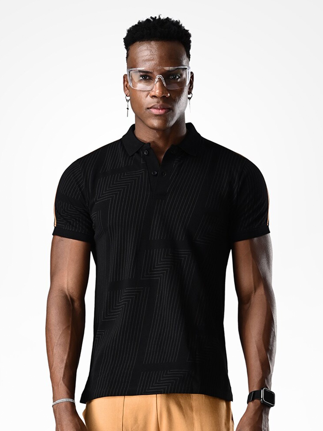 

Supa Abstract Printed Polo Collar Cotton T-shirt, Black