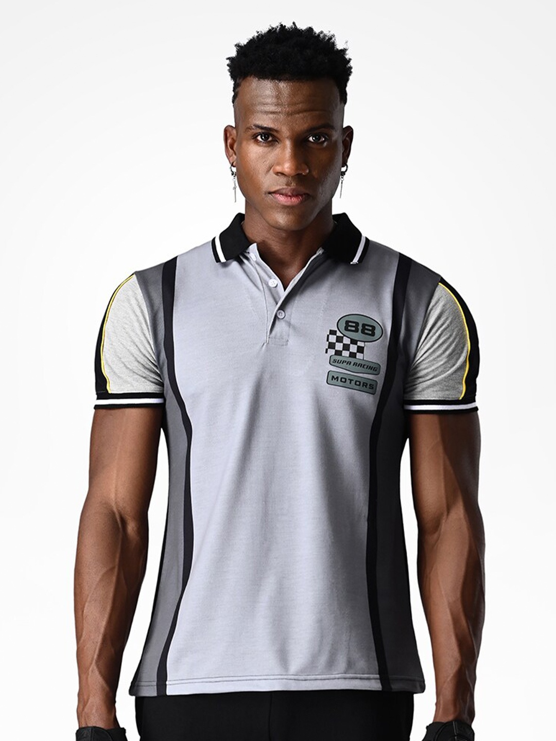

Supa Typography Printed Polo Collar Cotton Tshirt, Grey melange
