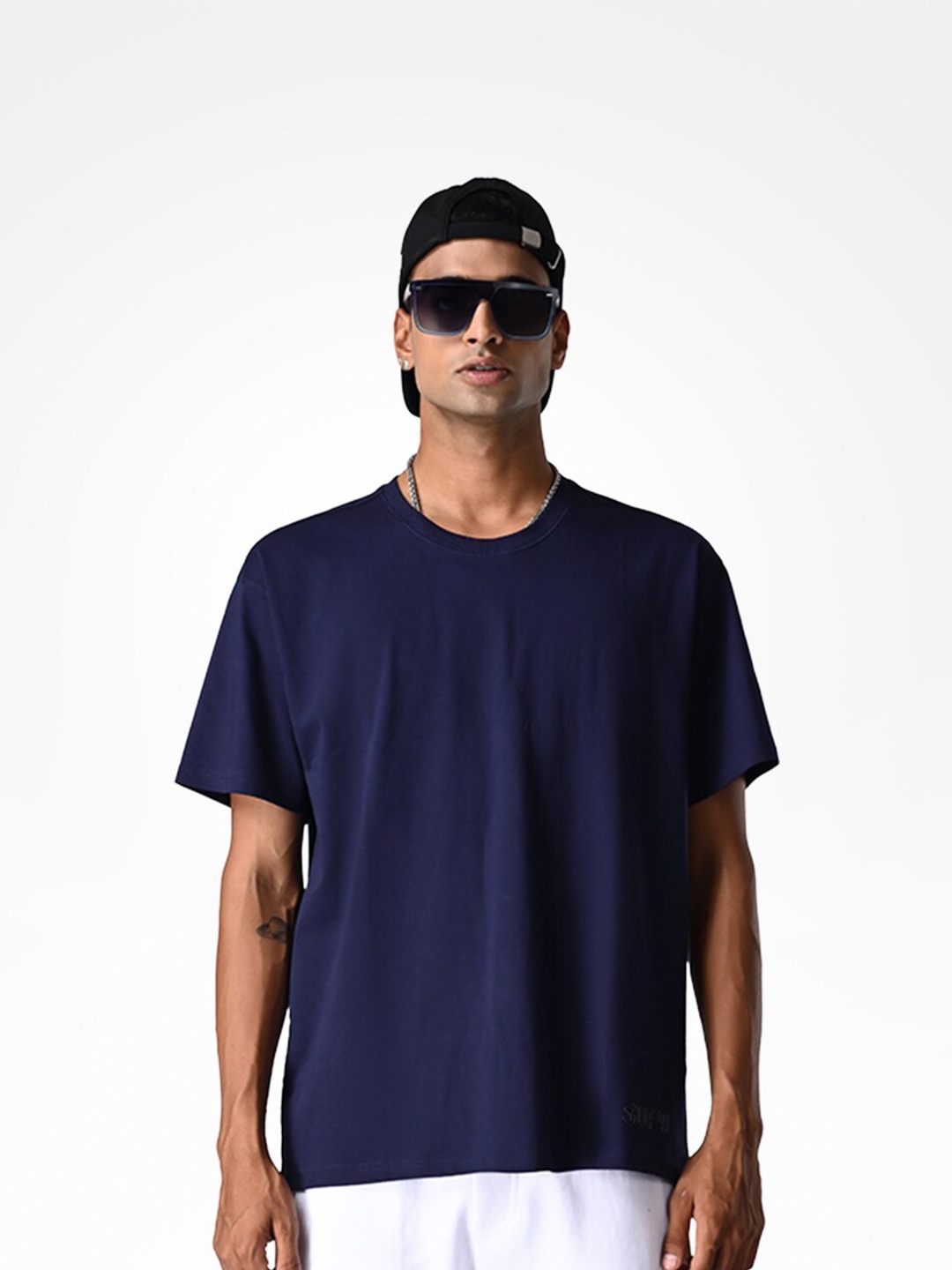 

Supa Round Neck Drop-Shoulder Sleeves Cotton Oversized T-shirt, Navy blue