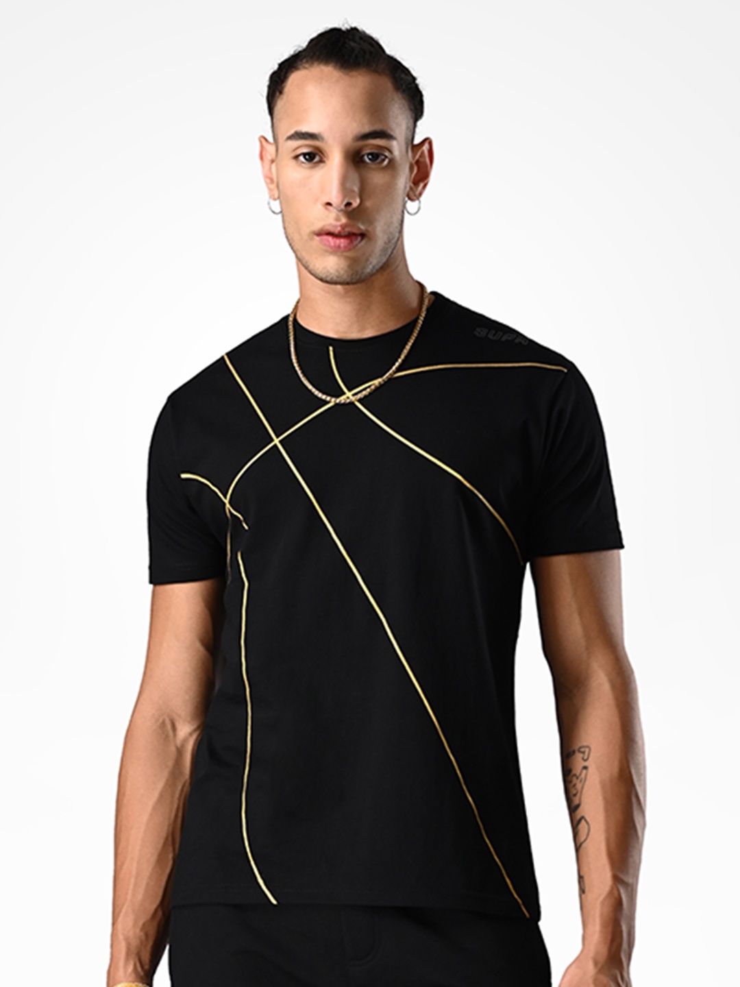 

Supa Men Round Neck Basketball Inspired Gold Foil Print Tshirt, Black