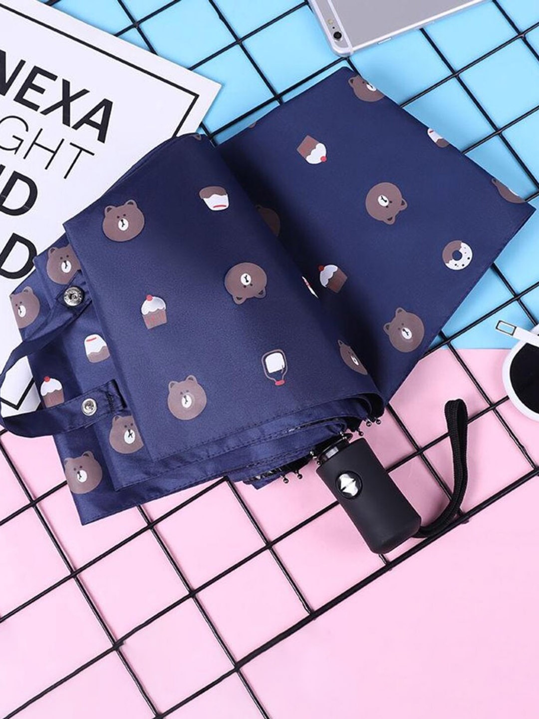 

KEKEMI 3 Fold Bear Printed Automatic Umbrella, Blue