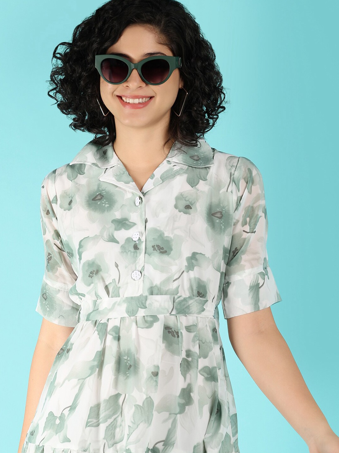 

V-Mart Floral Printed Shirt Collar Belted Tiered Fit & Flare Dress, Green