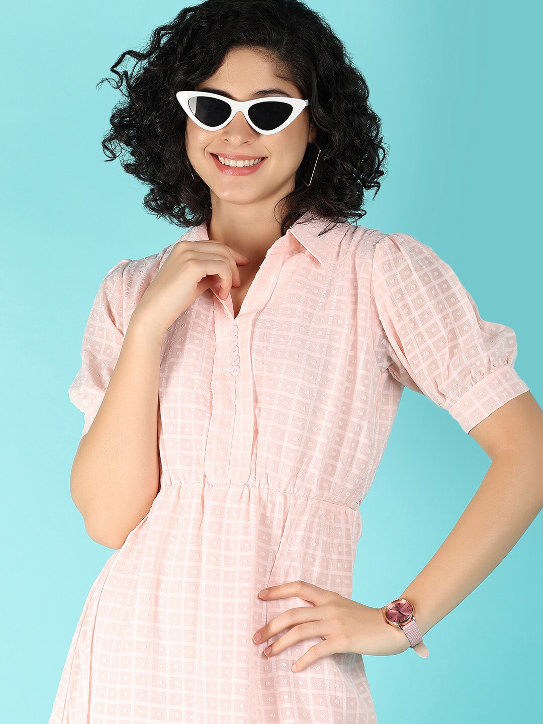 

V-Mart Print Puff Sleeves Shirt Dress, Peach