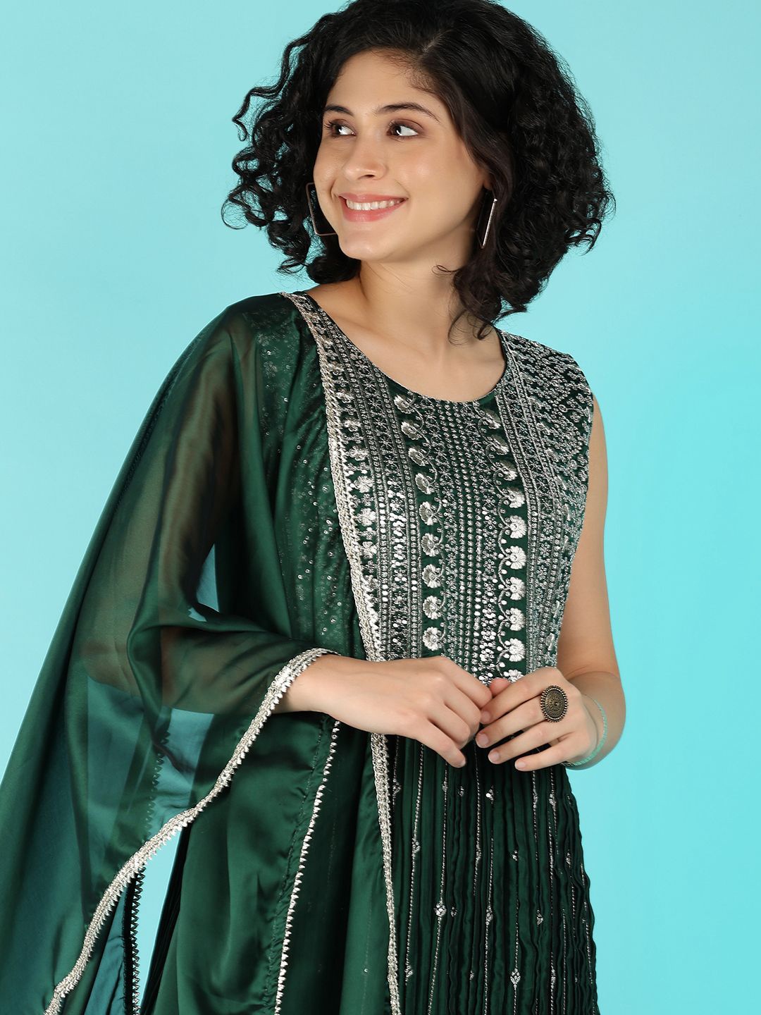 

V-Mart Embellished Embroidered Flared A-Line Midi Dress, Green