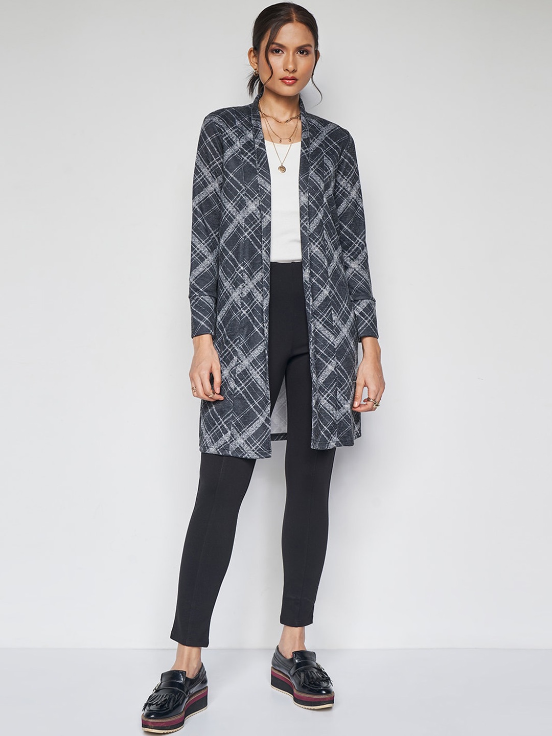 

AND Checked Collarless Long Sleeves Longline Tailored Jacket, Black