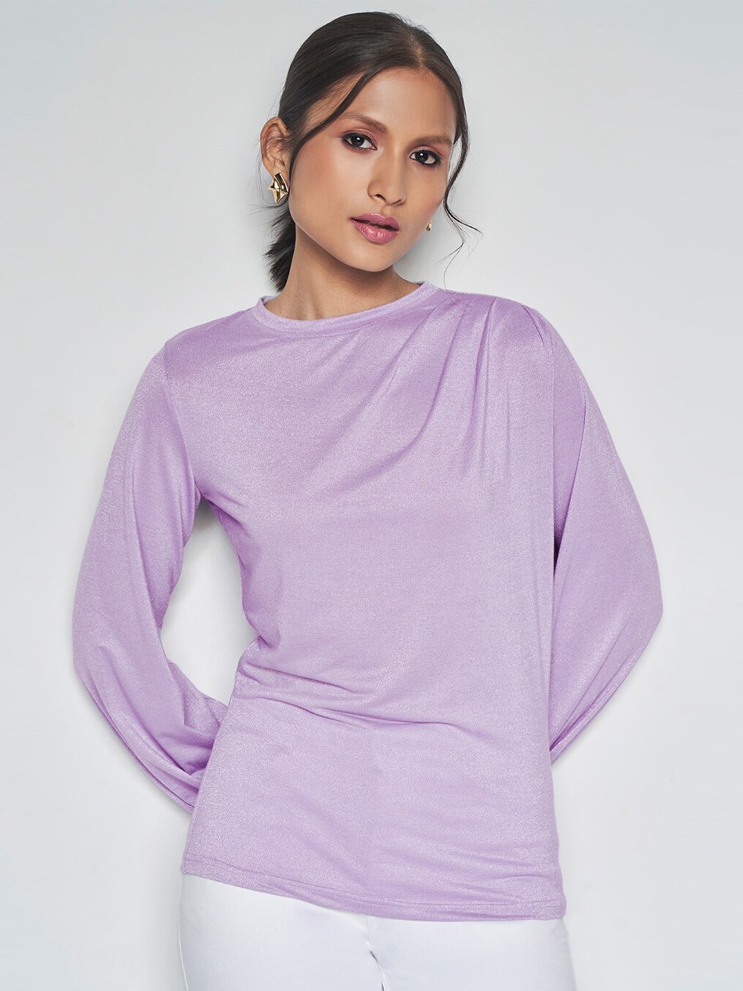 

AND Boat Neck Cuffed Sleeves Top, Lavender