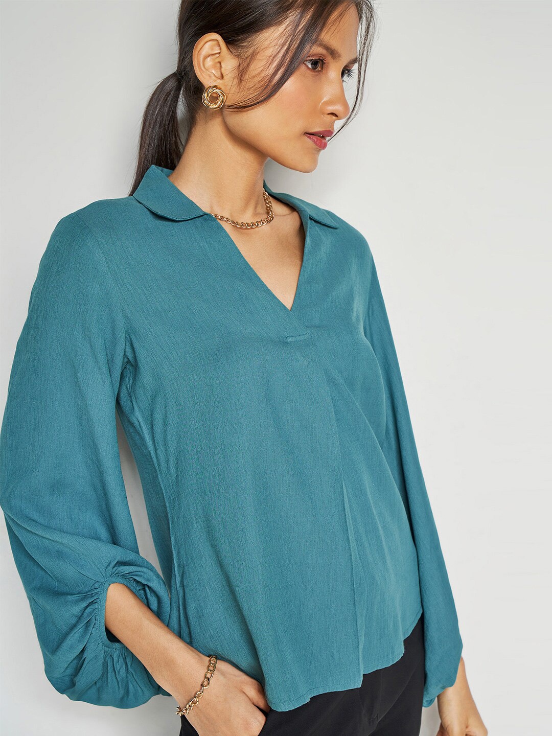 

AND Shirt Collar Puff Sleeves Top, Blue