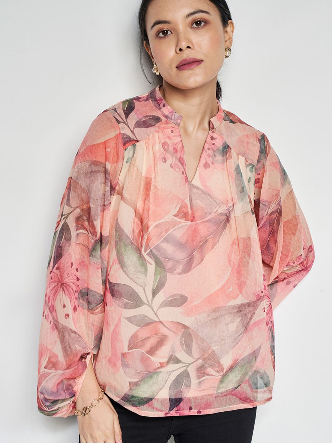 

AND Floral Print Mandarin Collar Puff Sleeves Top, Pink
