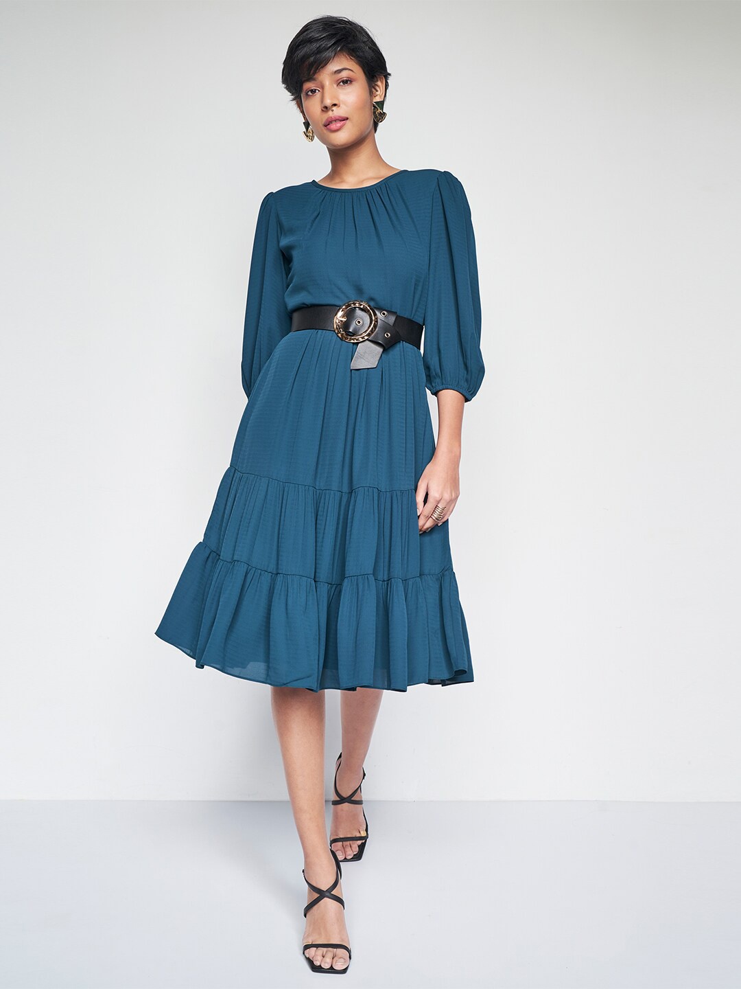 

AND Round Neck Puff Sleeve Fit & Flare Dress, Green