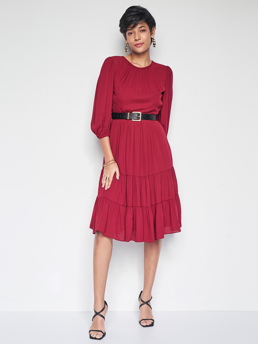 

AND Puff Sleeve A-Line Midi Dress, Purple