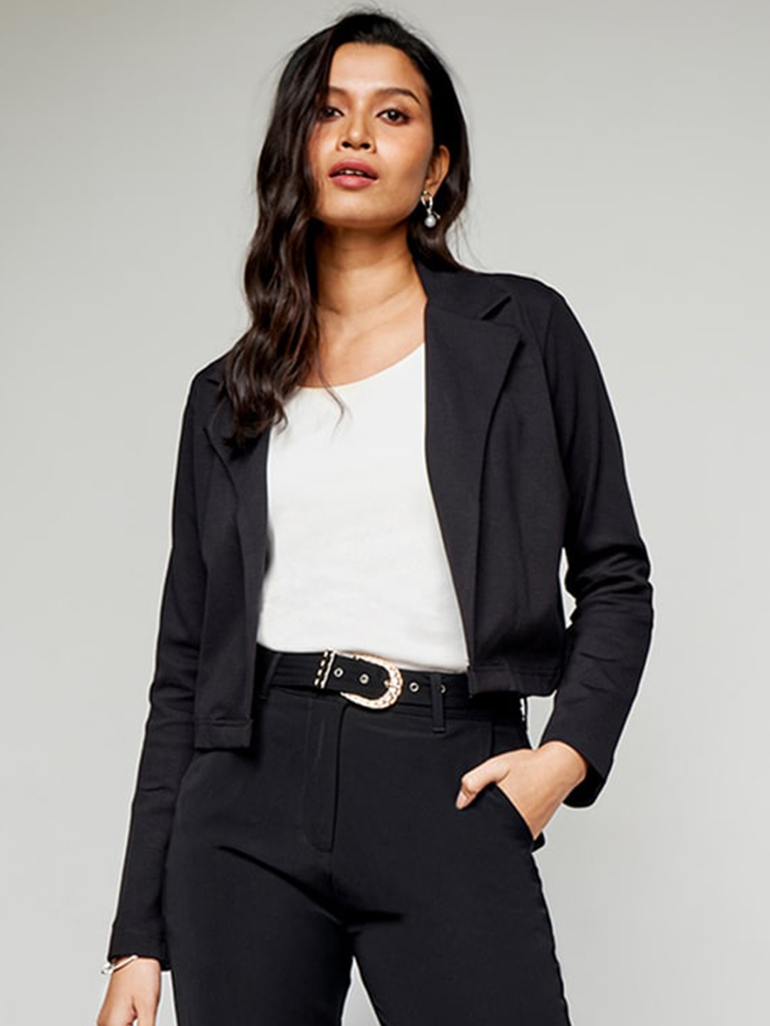 

AND Lapel Collar Long Sleeves Open Front Jacket, Black