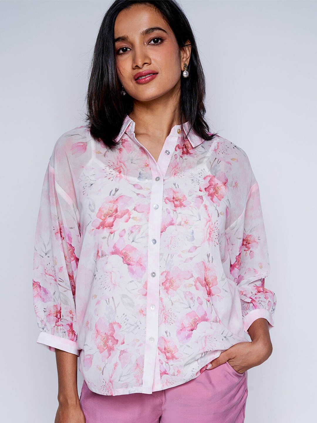

AND Floral Print Cuff Sleeves Semi-Sheer Shirt Style Top, Pink