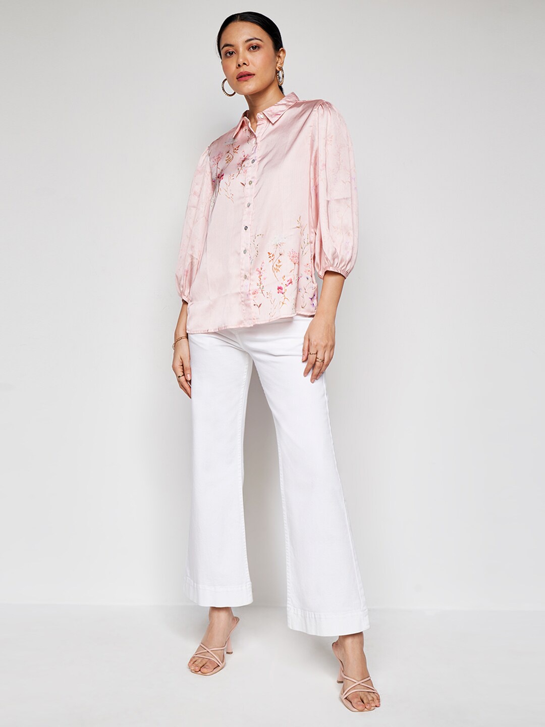 

AND Floral Print Cuffed Sleeves Shirt Style Top, Pink