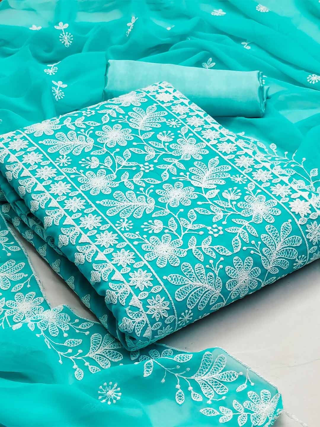 LeeliPeeri Designer Floral Embroidered Unstitched Dress Material, Turquoise blue