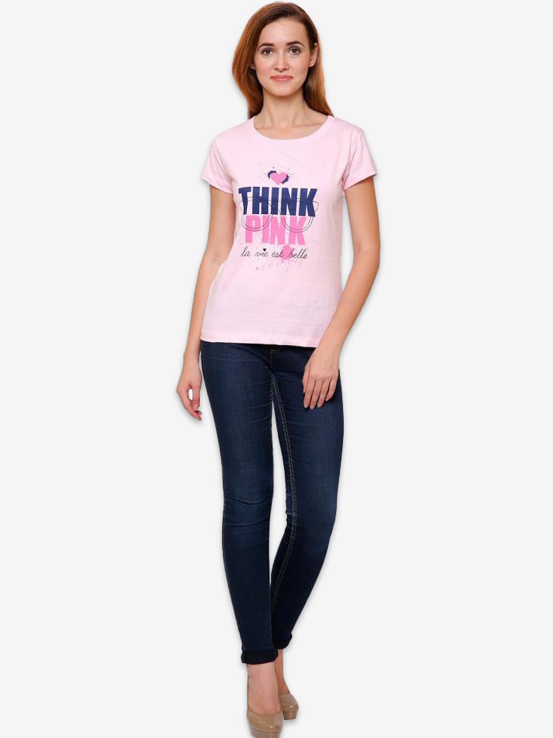 DYCA Typography Printed Round Neck Half Sleeves Tshirt, Pink