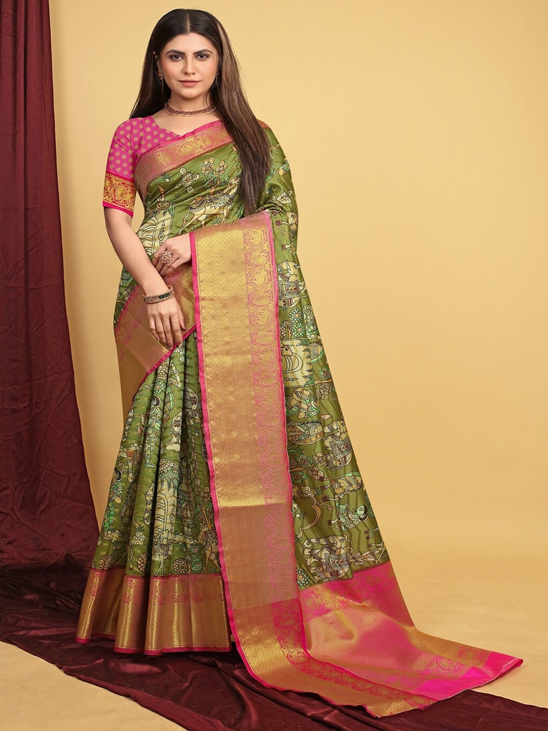 

SGF11 Kalamkari Zari Art Silk Kanjeevaram Saree, Green