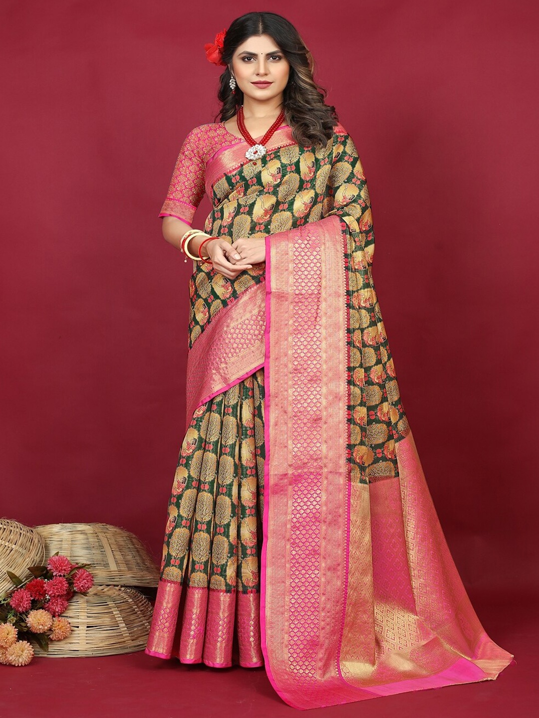 

SGF11 Ethnic Motifs Zari Art Silk Kanjeevaram Saree, Green