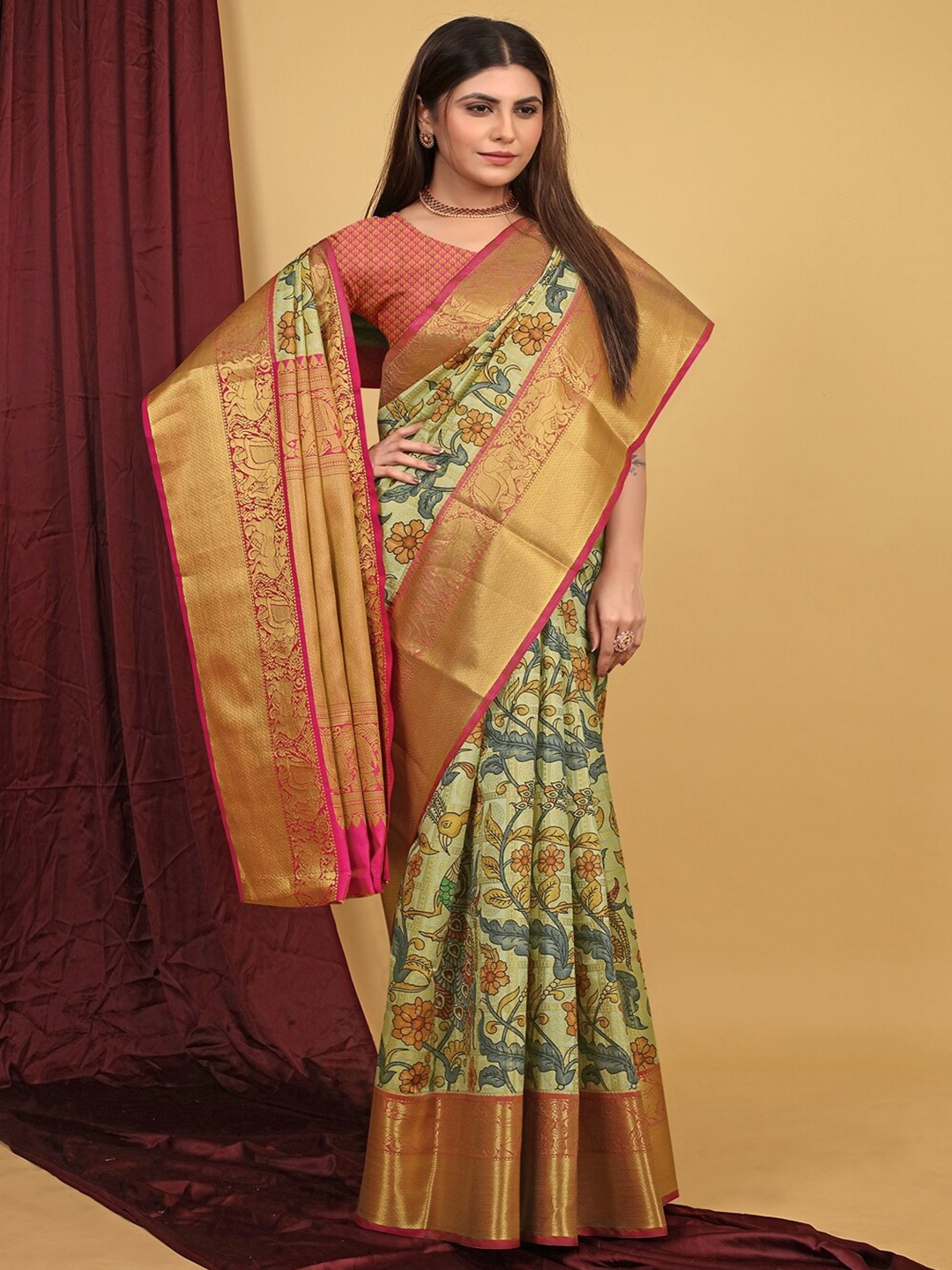 

SGF11 Floral Zari Art Silk Kanjeevaram Saree, Sea green