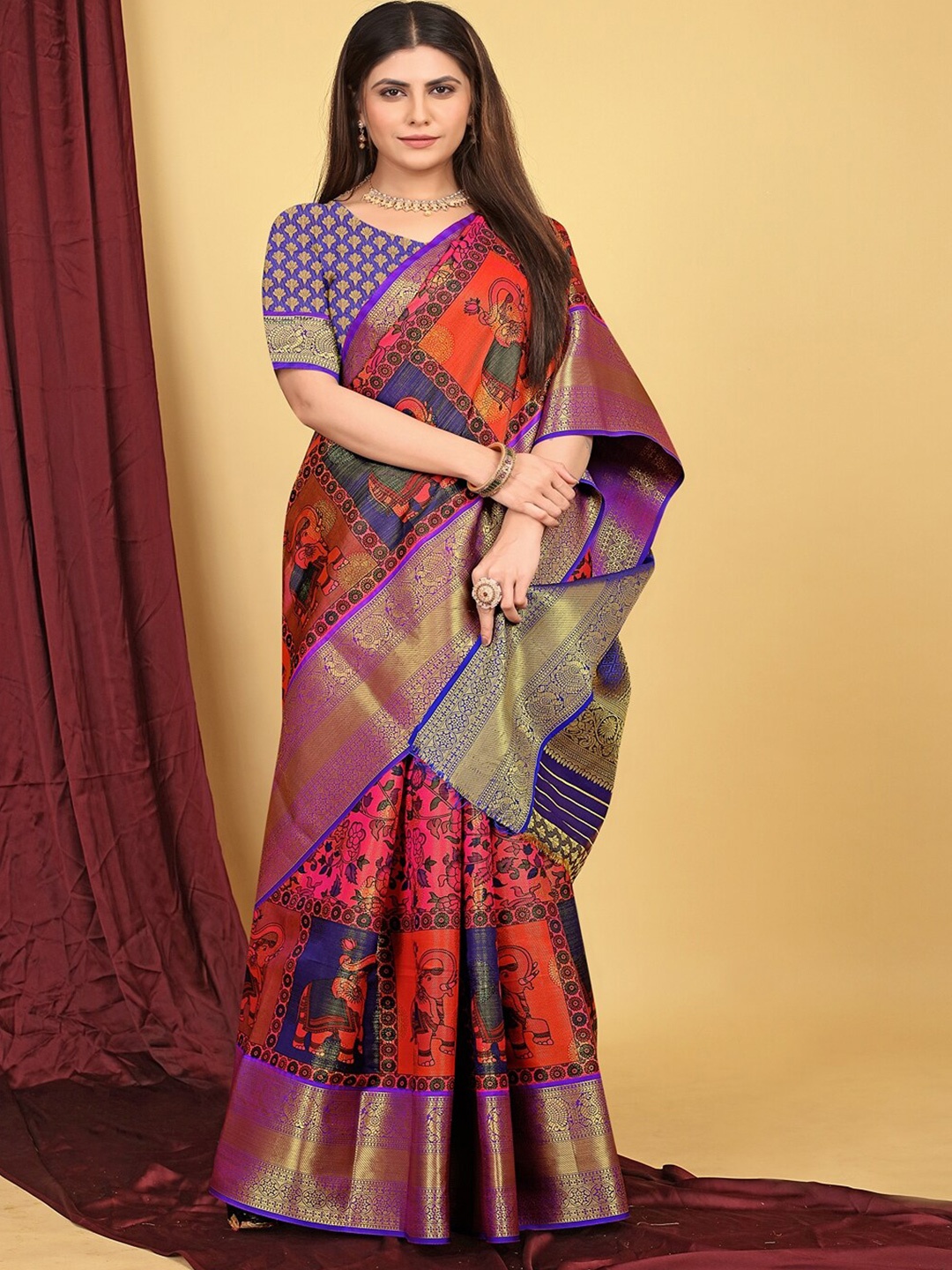 

SGF11 Floral Zari Art Silk Kanjeevaram Saree, Orange