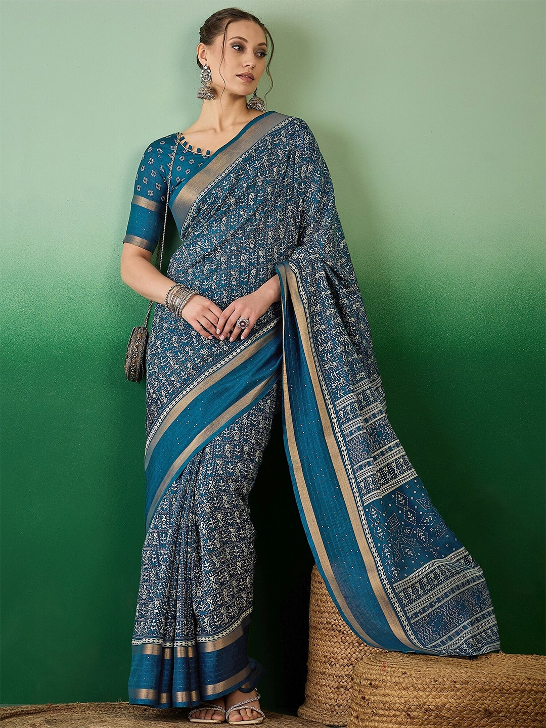 

KALINI Warli Silk Cotton Saree, Turquoise blue