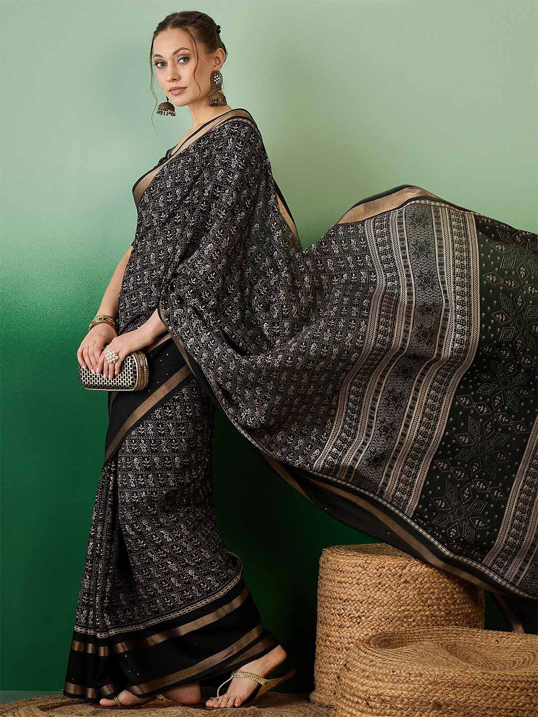 

KALINI Warli Silk Cotton Designer Saree, Black
