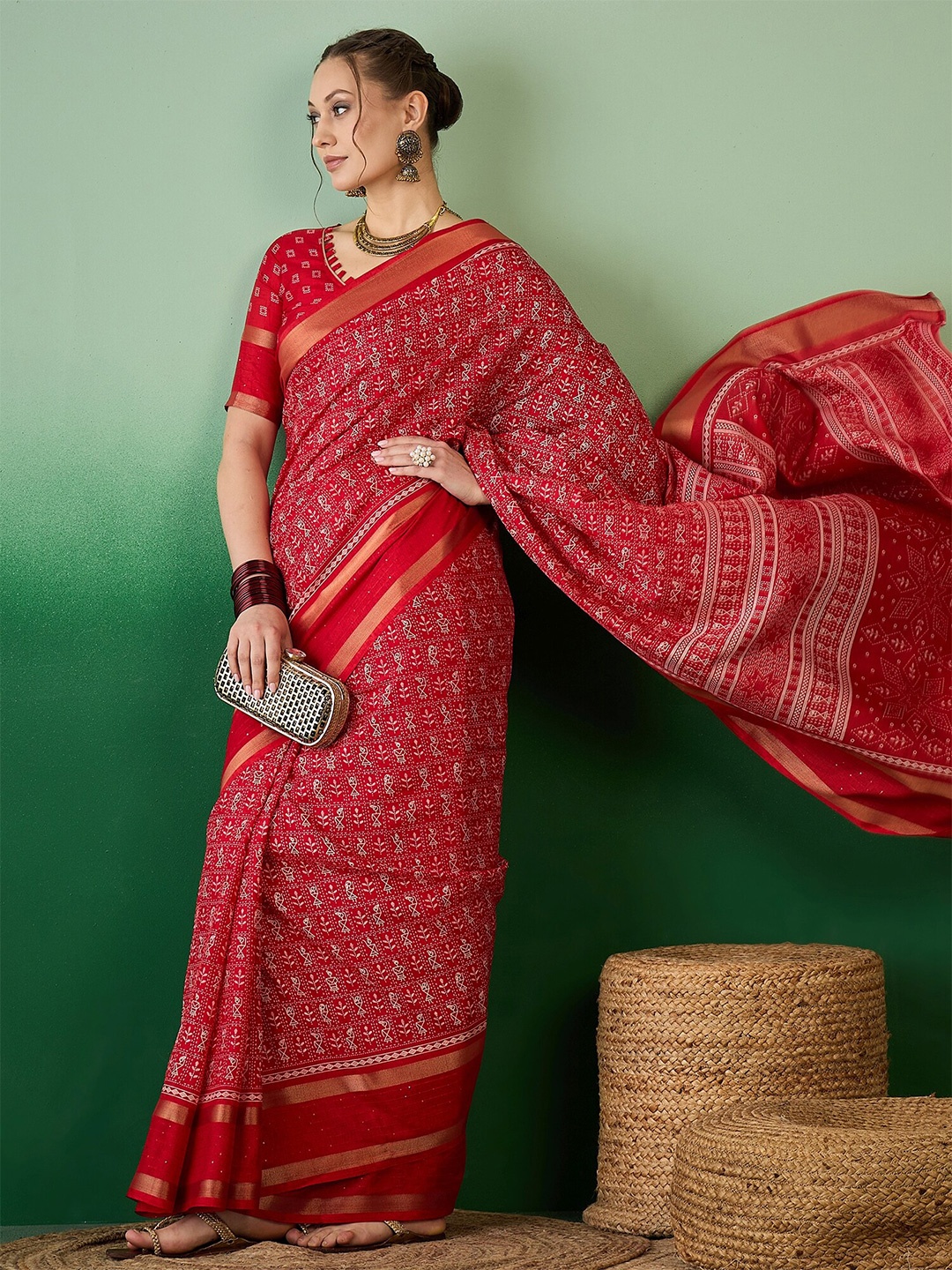 

KALINI Warli Silk Cotton Designer Saree, Red