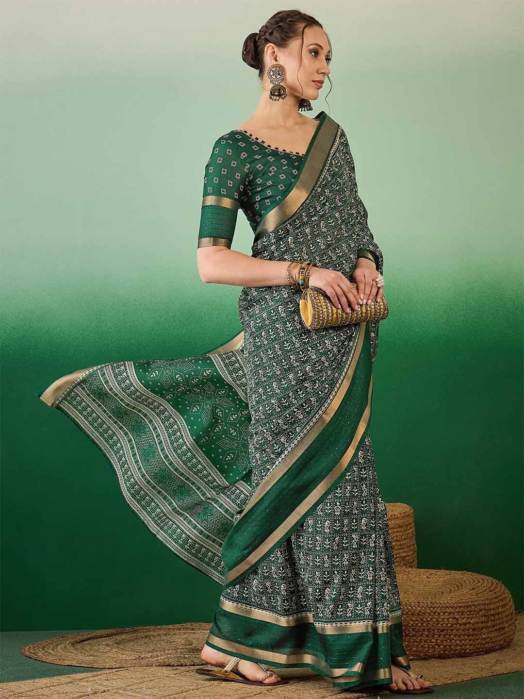 

KALINI Warli Printed Saree With Blouse Piece, Green