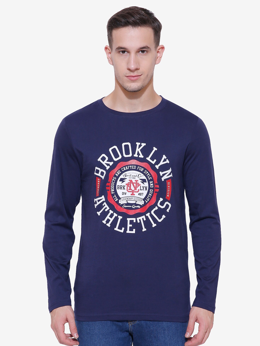 

DYCA Typography Printed Round Neck Full Sleeves Tshirt, Navy blue
