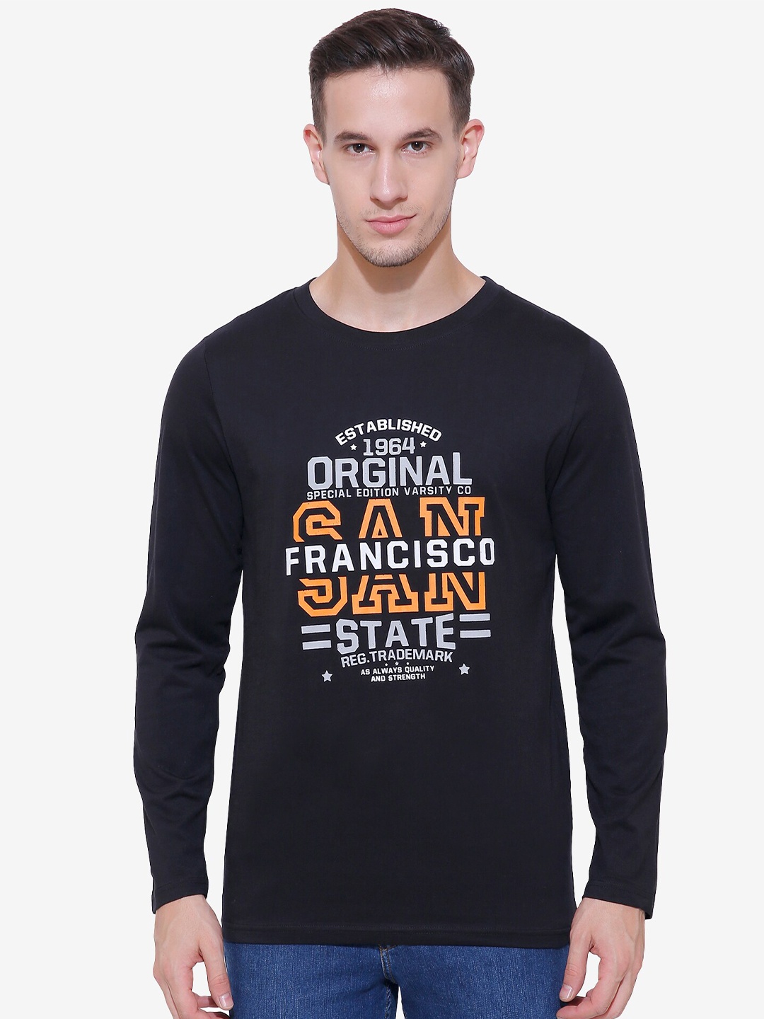 DYCA Men Typography Printed Long Sleeves T-shirt, Black