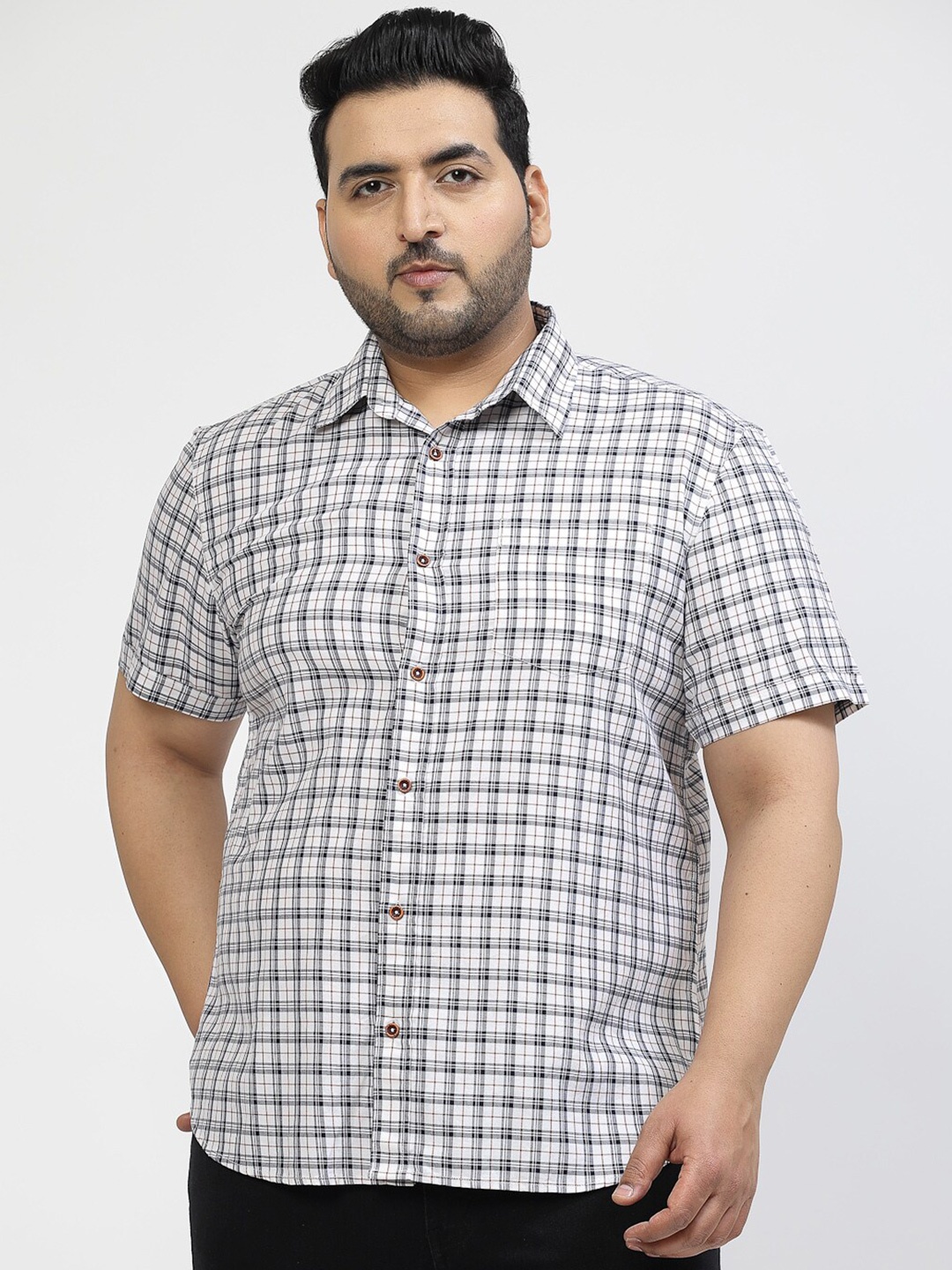 

plusS White Tartan Checked Spread Collar Cotton Casual Shirt