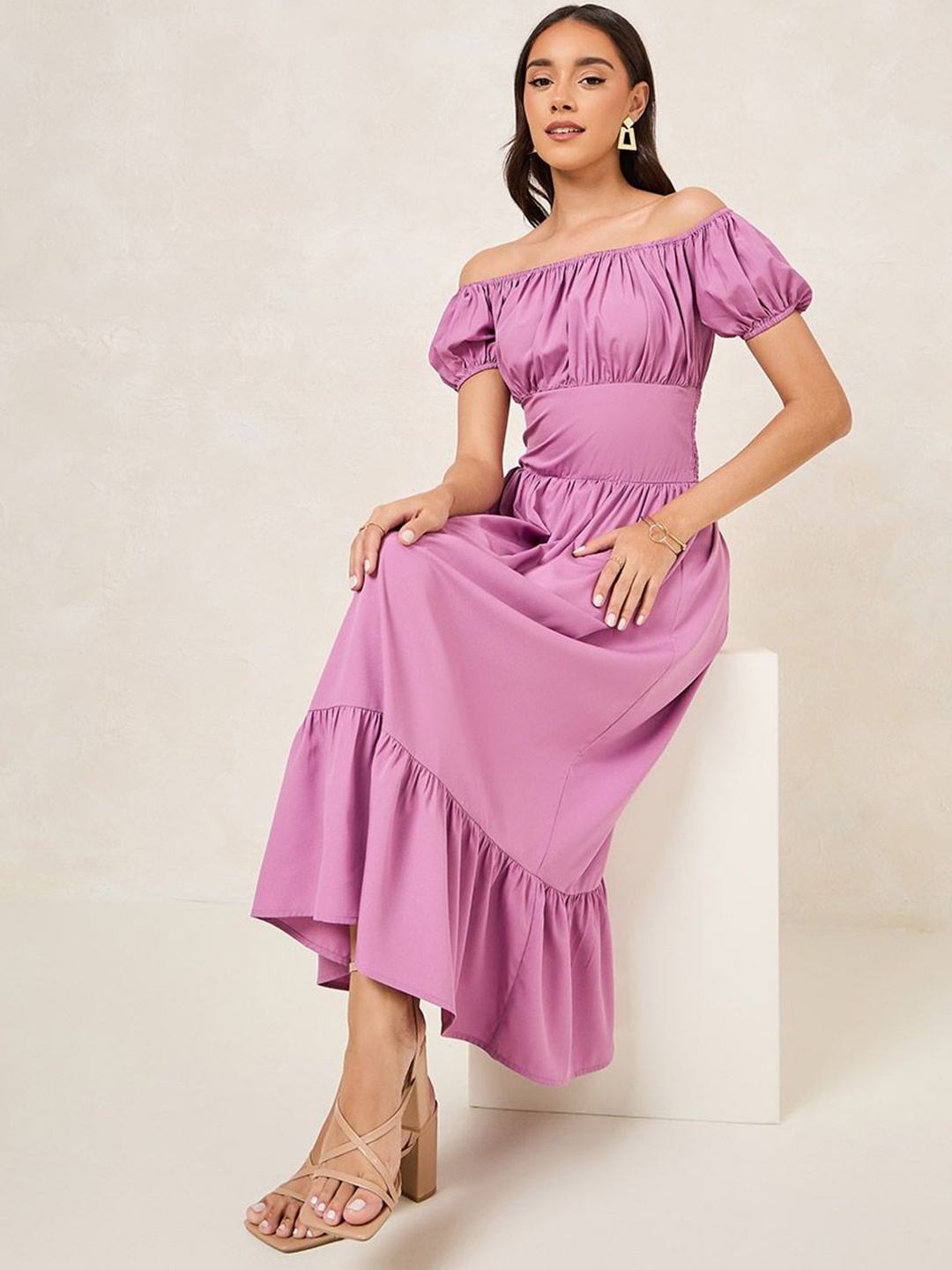 

Styli Off-Shoulder Puff Sleeve Fit & Flare Midi Dress, Purple