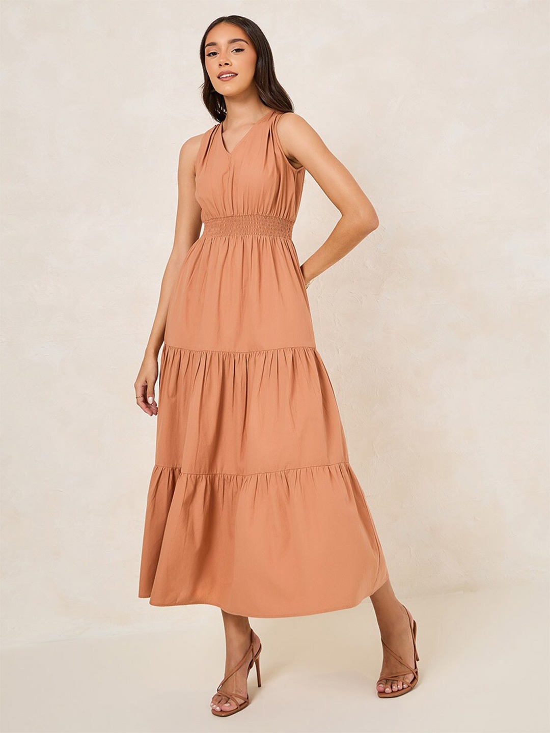 

Styli V-Neck Sleeveless Tiered Maxi Dress, Brown