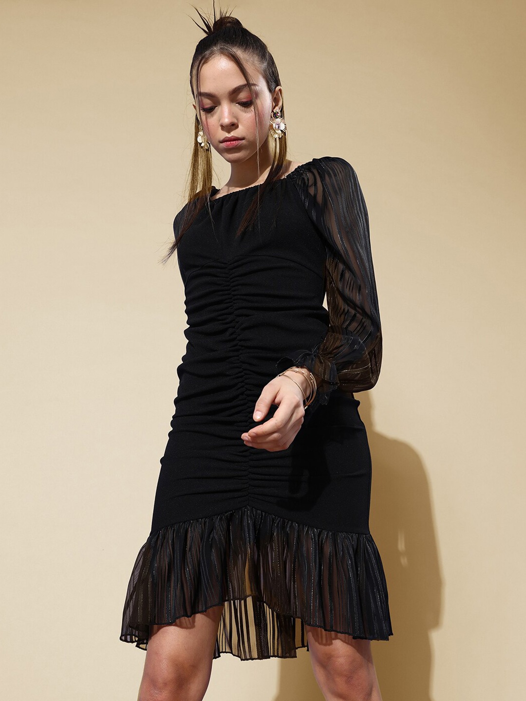 

all about you Women's Square Puff Sleeve Ruchin Midi Dress, Black