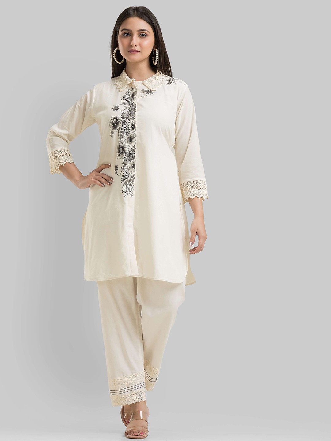

SACRED SUTA Shirt Collar Floral Yoke Design Pure Cotton Straight Kurta with Trouser, White