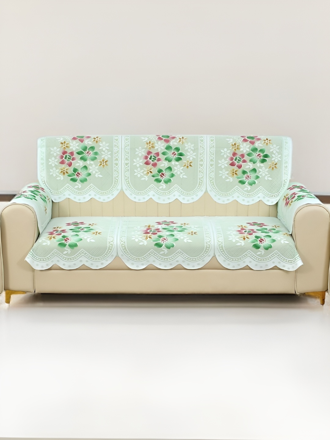 

BIGGER FISH Green 4 Pieces Floral Printed 3 Seater Cotton Sofa Cover With Arms