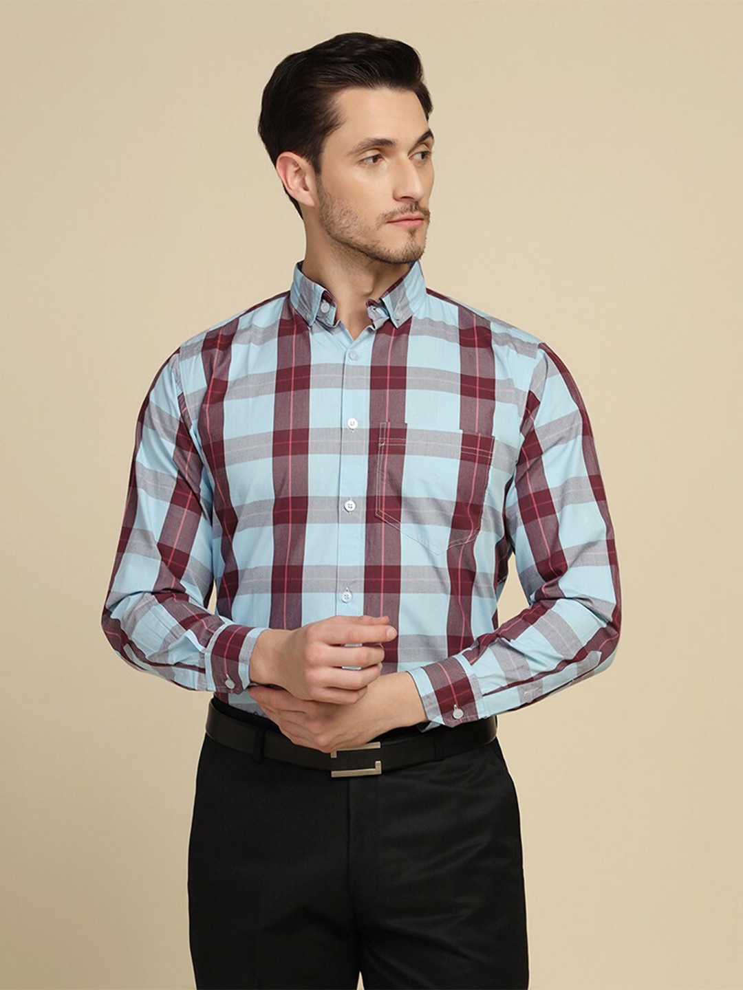 

TAHVO Smart Slim Fit Tartan Checks Button-Down Collar Checked Cotton Formal Shirt, Blue