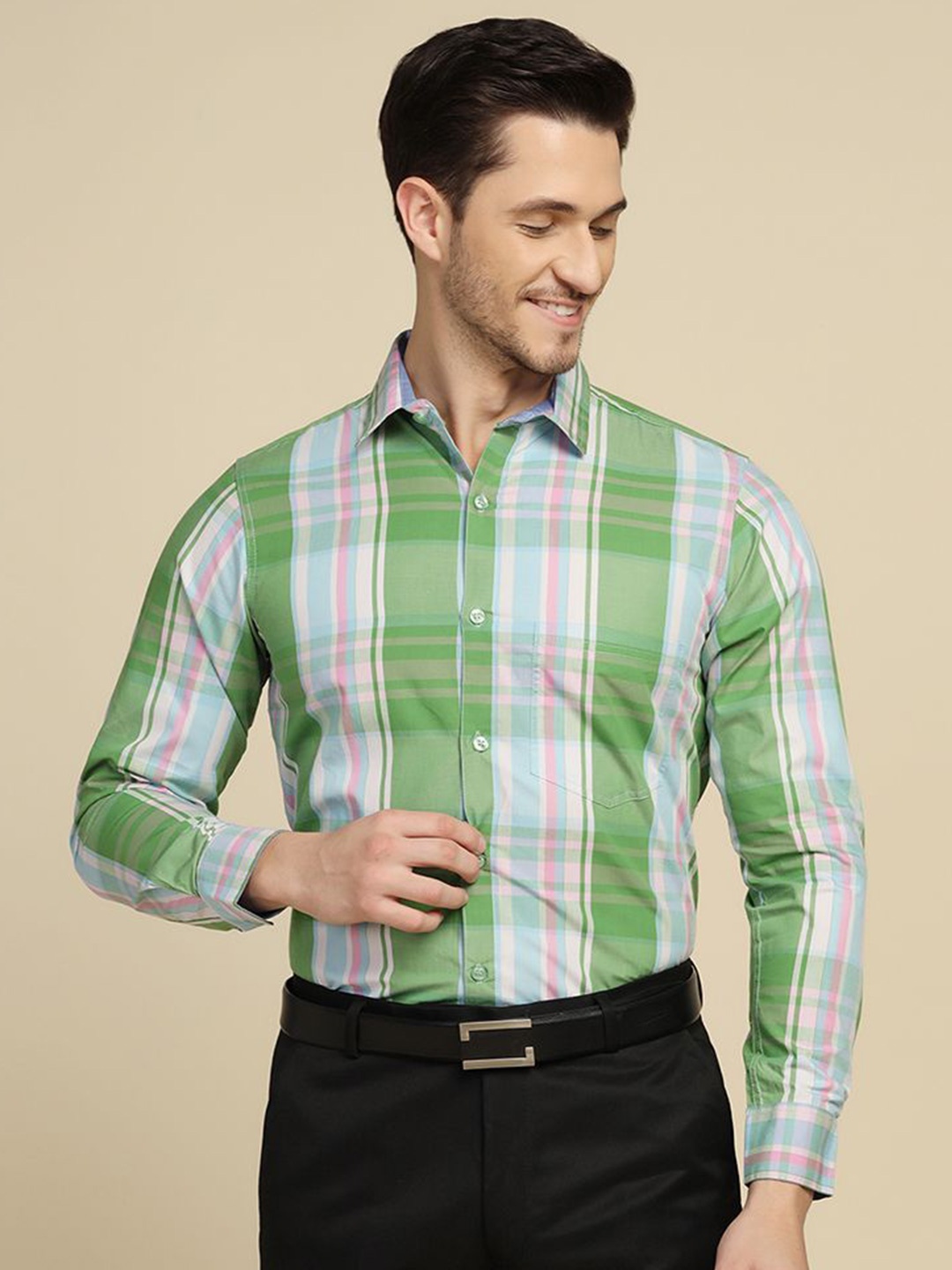 

TAHVO Smart Slim Fit Tartan Checks Opaque Cotton Formal Shirt, Green
