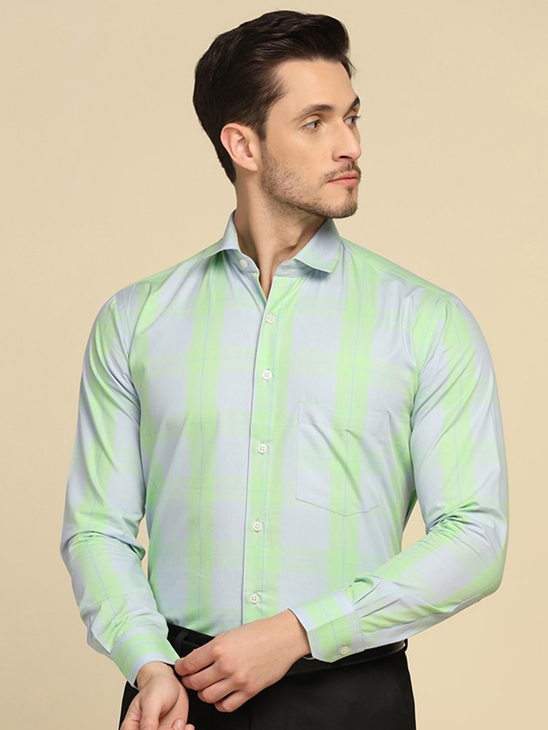 

TAHVO Smart Slim Fit Checked Cotton Formal Shirt, Fluorescent green