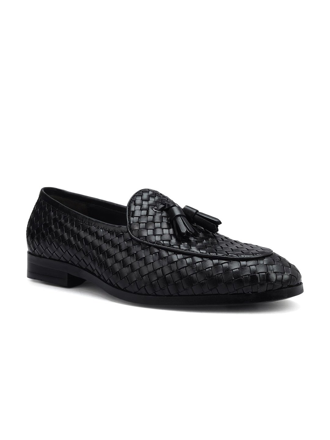

ROSSO BRUNELLO Men Textured Round Toe Leather Formal Loafers, Black