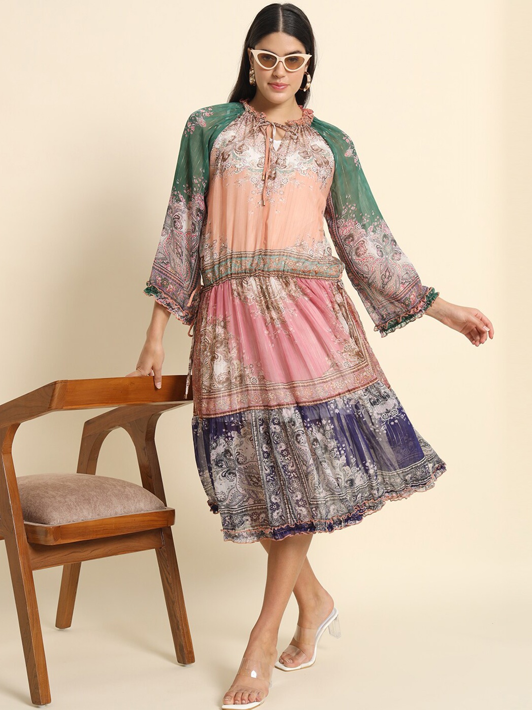 

HERE&NOW Floral Printed Tiered Tie-Up Neck Flared Sleeves Chiffon A-Line Midi Dress, Peach