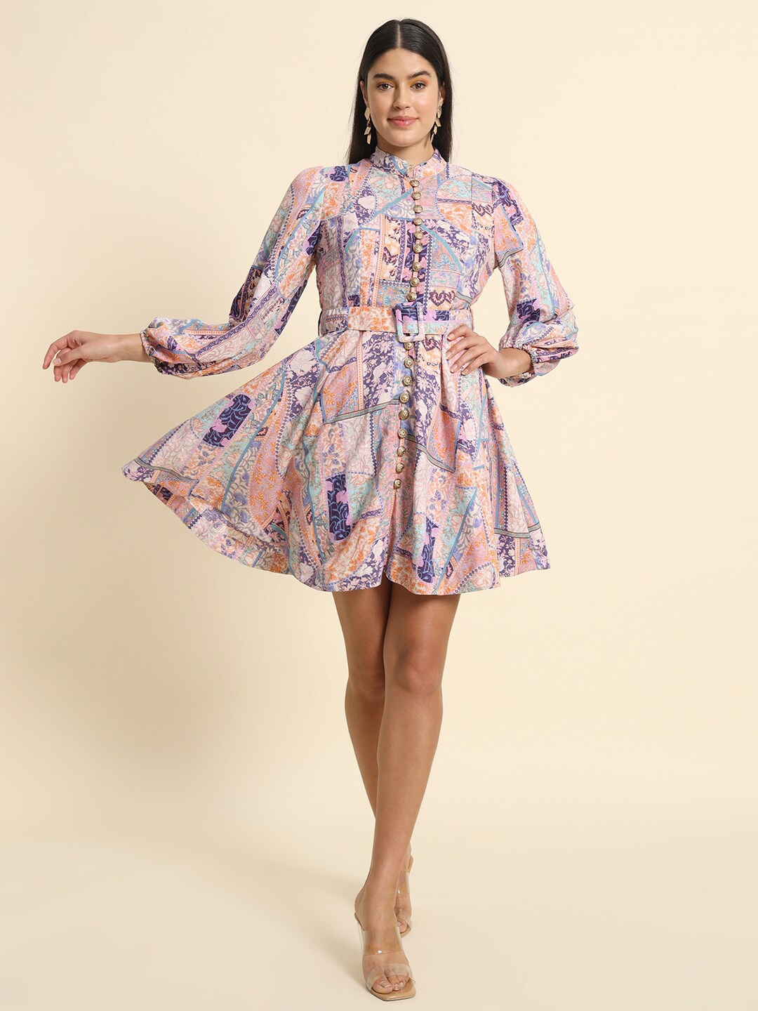 

HERE&NOW Pink Floral Printed Mandarin Collar Puff Sleeve Fit & Flare Dress With Belt